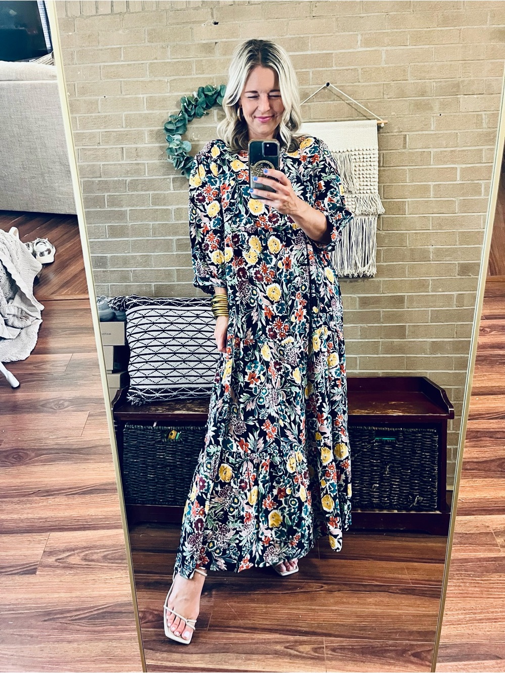 NATURAL LIFE Black Floral Maxi Dress with Yellow & Green Accents